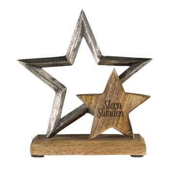 Aluminium star, on foot, with wooden star 16x15x5cm, silver