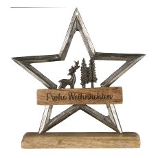 Aluminium star, on base, w.wooden sign 22x20x5cm, silver