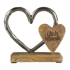 Aluminium heart, on foot, w.wooden sign 13x12x5cm, silver