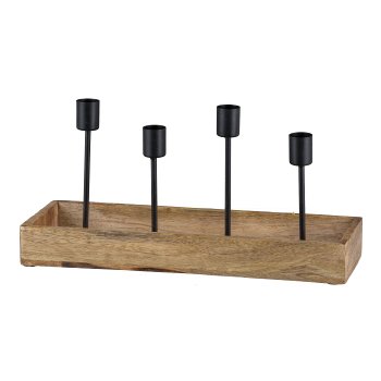 Wooden tray, rectangular, with 4 metal candle holders, 34x12x18cm, natural