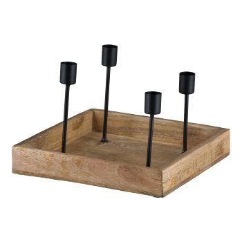 Holz Tablett, quadratisch, mit 4 Metall Kerzenhaltern, 25x25x18cm, natur