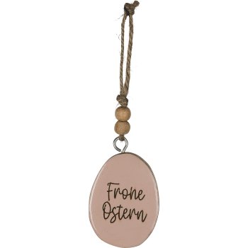 Wooden decorative egg FROHE OSTERN, hanger, 6x4.5x2cm, light pink