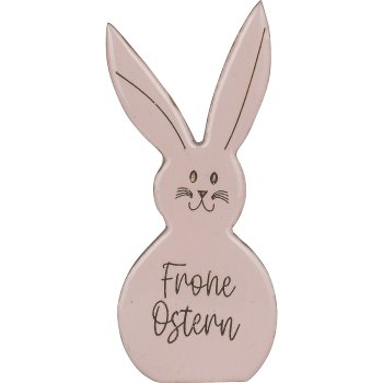 Wooden decorative rabbit FROHE OSTERN, 15x7.5x2cm, light pink