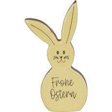 Wooden decorative rabbit FROHE OSTERN, 15x7.5x2cm, light yellow