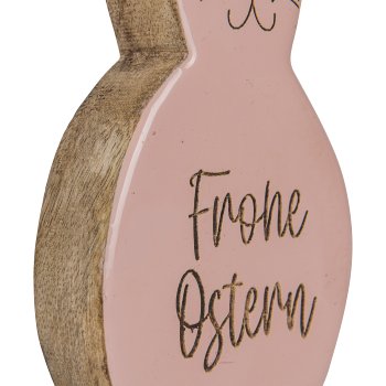 Wooden decorative rabbit FROHE OSTERN, 21x10x2.5cm, light pink