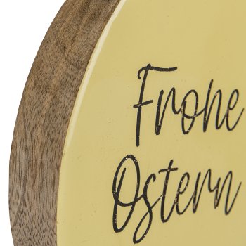 Holz Deko Ei FROHE OSTERN, stehend, 9x7x2,5cm, hellgelb