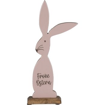 Wooden decorative rabbit FROHE OSTERN, standing, with bow, 32x16x5cm, light pink