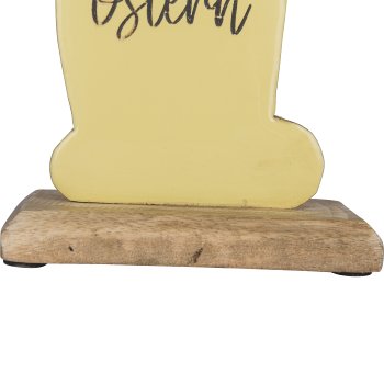 Wooden decorative rabbit FROHE OSTERN, standing, with bow, 32x16x5cm, light yellow