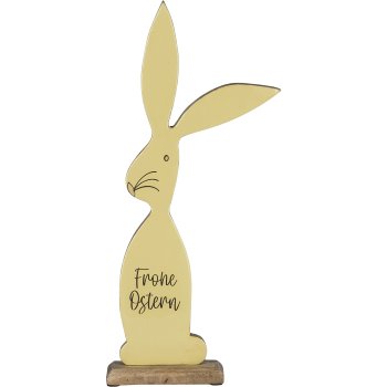 Wooden decorative rabbit FROHE OSTERN, standing, with bow, 32x16x5cm, light yellow