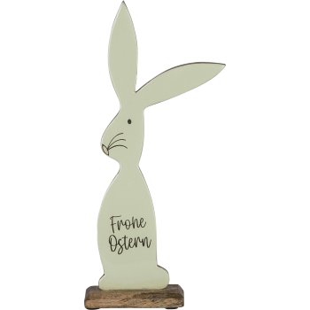 Wooden decorative rabbit FROHE OSTERN, standing, with bow, 32x16x5cm, light green