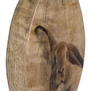 Wooden decorative egg FOXY, standing, with rabbit decor, 15x13x2.5cm, natural