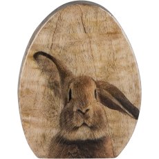 Wooden decorative egg FOXY, standing, with rabbit decor, 15x13x2.5cm, natural