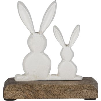 Aluminium rabbit pair, on wooden base, 11x10x5cm, white