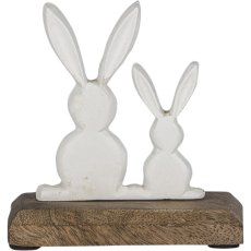 Aluminium rabbit pair, on wooden base, 11x10x5cm, white