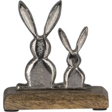 Aluminium rabbit pair, on wooden base, 11x10x5cm, silver