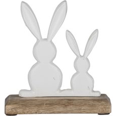 Aluminium Hasenpaar, auf Holzfuß, 14x13x5cm, weiß