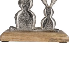 Aluminium rabbit pair, on wooden base, 14x13x5cm, silver