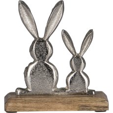 Aluminium rabbit pair, on wooden base, 14x13x5cm, silver