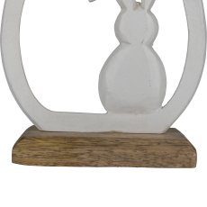 Aluminium rabbit in egg FROHE OSTERN, on wooden base, 17x13x5cm, white