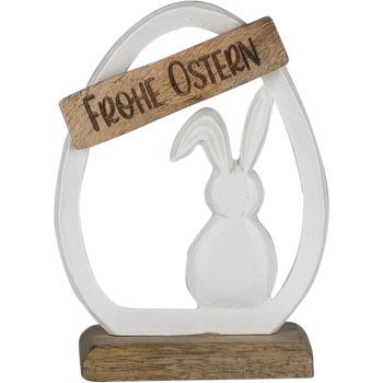 Aluminium rabbit in egg FROHE OSTERN, on wooden base, 17x13x5cm, white