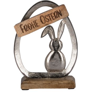 Aluminium rabbit in egg FROHE OSTERN, on wooden base, 17x13x5cm, silver
