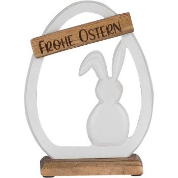 Aluminium rabbit in egg FROHE OSTERN, on wooden base, 22x16x5cm, white