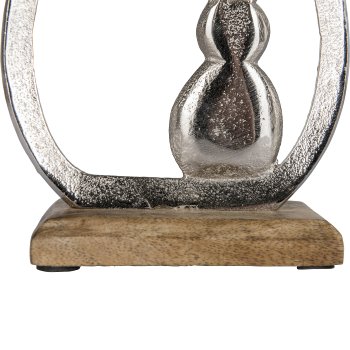 Aluminium rabbit in egg FROHE OSTERN, on wooden base, 22x16x5cm, silver