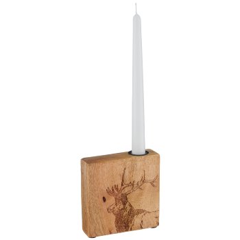 Mangoholz Kerzenhalter mit Hirschmotiv, 13x13x3,5cm, natur, Lepuro
