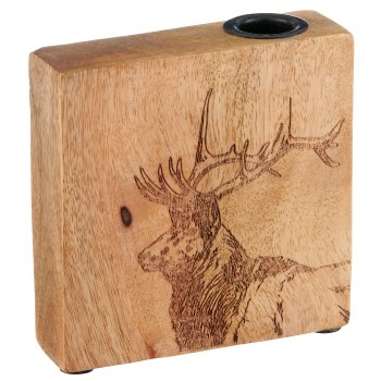 Mangoholz Kerzenhalter mit Hirschmotiv, 13x13x3,5cm, natur, Lepuro