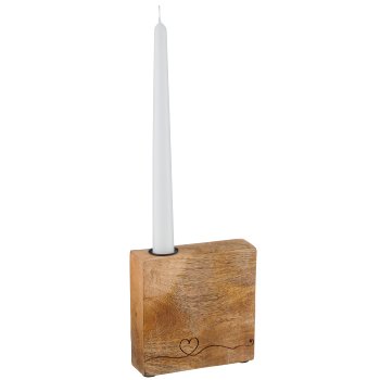 Mangoholz Kerzenhalter mit Herzmotiv, 13x13x3,5cm, natur, Lepuro