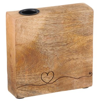 Mangoholz Kerzenhalter mit Herzmotiv, 13x13x3,5cm, natur, Lepuro