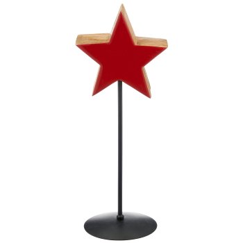 Mango wood star on metal base, enamel finish, 20x9cm +50cm base, red