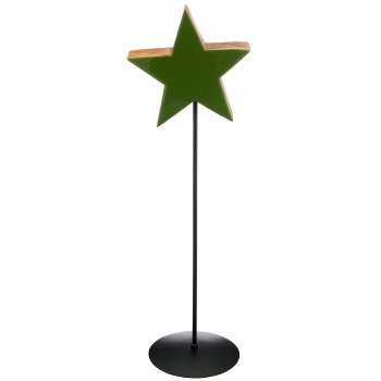 Mango wood star on metal base, enamel finish, 25x9cm +80cm base, green