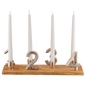 Aluminium candle holder 1234 on mango wood base, 41x12x10cm, silver