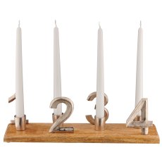 Aluminium candle holder 1234 on mango wood base, 41x12x10cm, silver