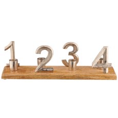 Aluminium candle holder 1234 on mango wood base, 41x12x10cm, silver