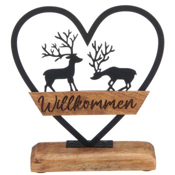 Metallherz WILLKOMMEN auf Holzfuß mit Motiv, 17x15x5cm, schwarz