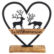 Metallherz WILLKOMMEN auf Holzfuß mit Motiv, 21x21x5cm, schwarz