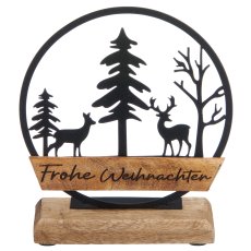 Metal ring FROHE WEIHNACHTEN on wooden base with motif, 17x15x5cm, black