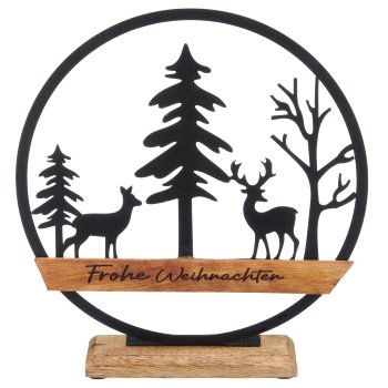 Metal ring FROHE WEIHNACHTEN on wooden base with motif, 27x25x5cm, black