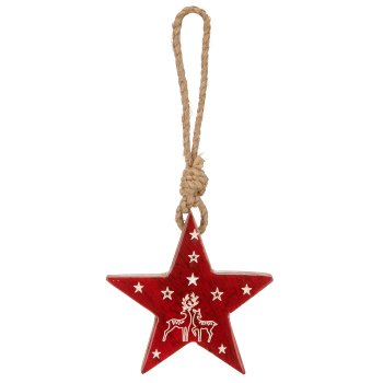 Mangoholz Sternhänger mit Motiv, Enamel finish, 10x10x1,5cm, rot