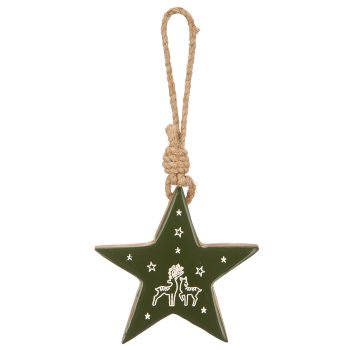 Mango wood star hanger with motif, enamel finish, 10x10x1.5cm, dark green
