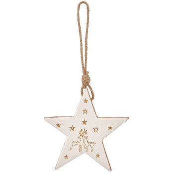 Mango wood star hanger with motif, enamel finish, 15x15x1.5cm, white