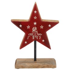 Mangoholz Stern auf Fuß mit Motiv, Enamel finish, 21x15x5cm, rot