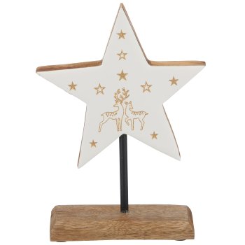 Mango wood star on base with motif, enamel finish, 21x15x5cm, white