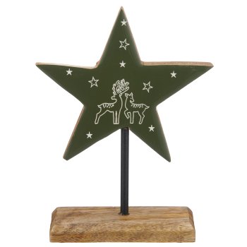 Mango wood star on base with motif, enamel finish, 21x15x5cm, dark green