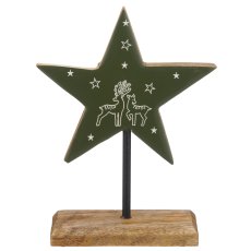 Mangoholz Stern auf Fuß mit Motiv, Enamel finish, 21x15x5cm, dunkelgrün