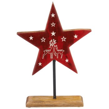 Mangoholz Stern auf Fuß mit Motiv, Enamel finish, 28x20x5cm, rot