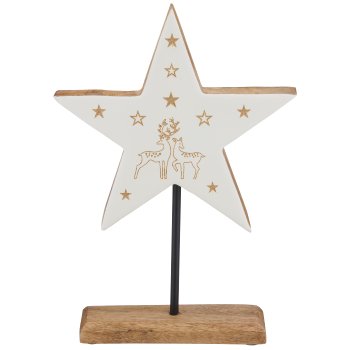 Mango wood star on base with motif, enamel finish, 28x20x5cm, white