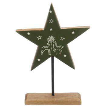 Mango wood star on base with motif, enamel finish, 28x20x5cm, dark green